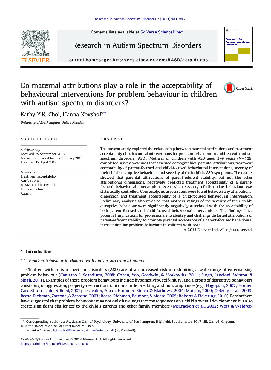 Do maternal attributions play a role in the acceptability of behavioural interventions for problem behaviour in children with autism spectrum disorders?