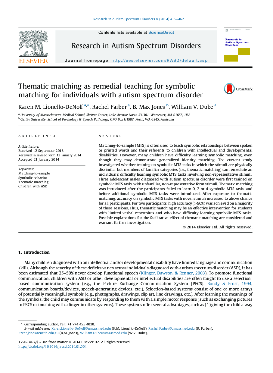 Thematic matching as remedial teaching for symbolic matching for individuals with autism spectrum disorder