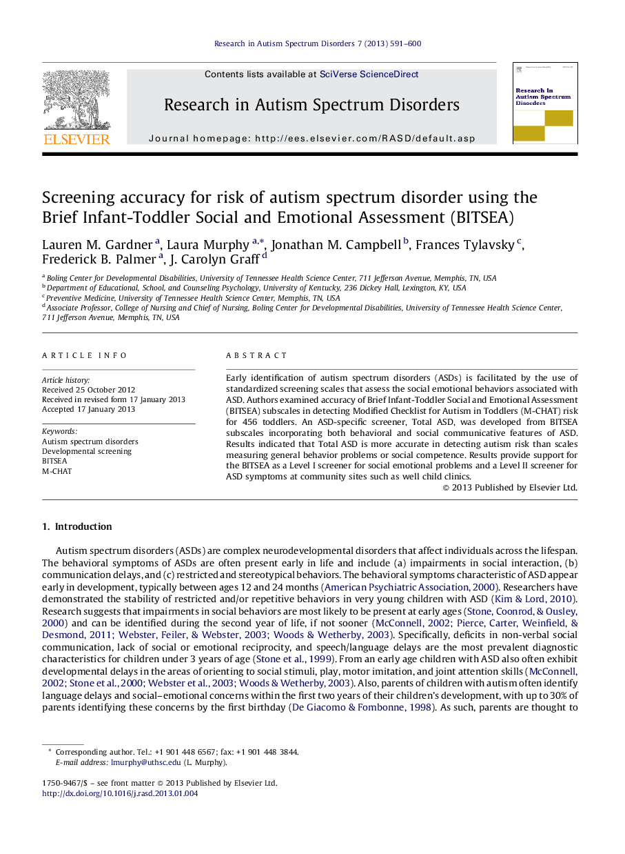 Screening accuracy for risk of autism spectrum disorder using the Brief Infant-Toddler Social and Emotional Assessment (BITSEA)