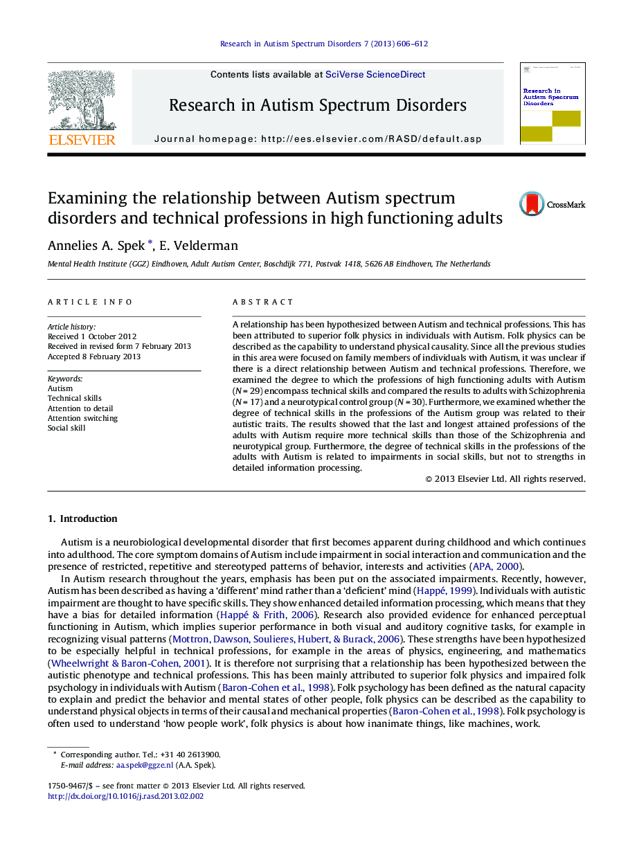 Examining the relationship between Autism spectrum disorders and technical professions in high functioning adults