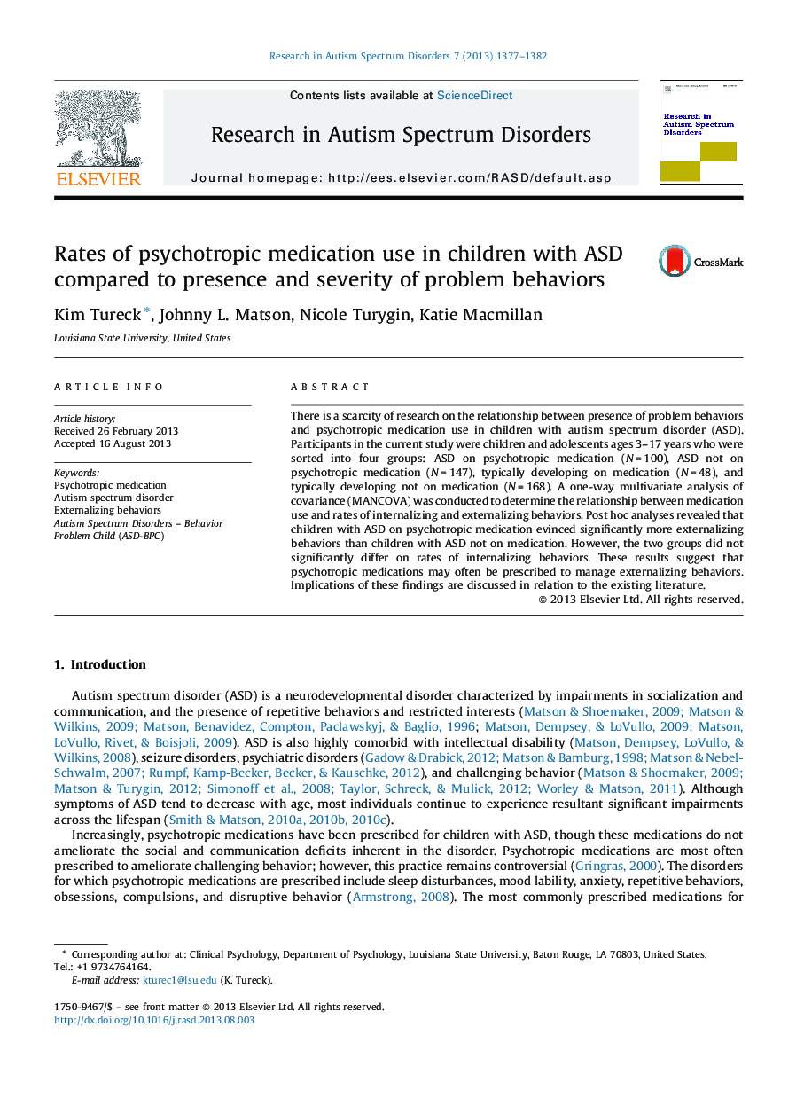 Rates of psychotropic medication use in children with ASD compared to presence and severity of problem behaviors