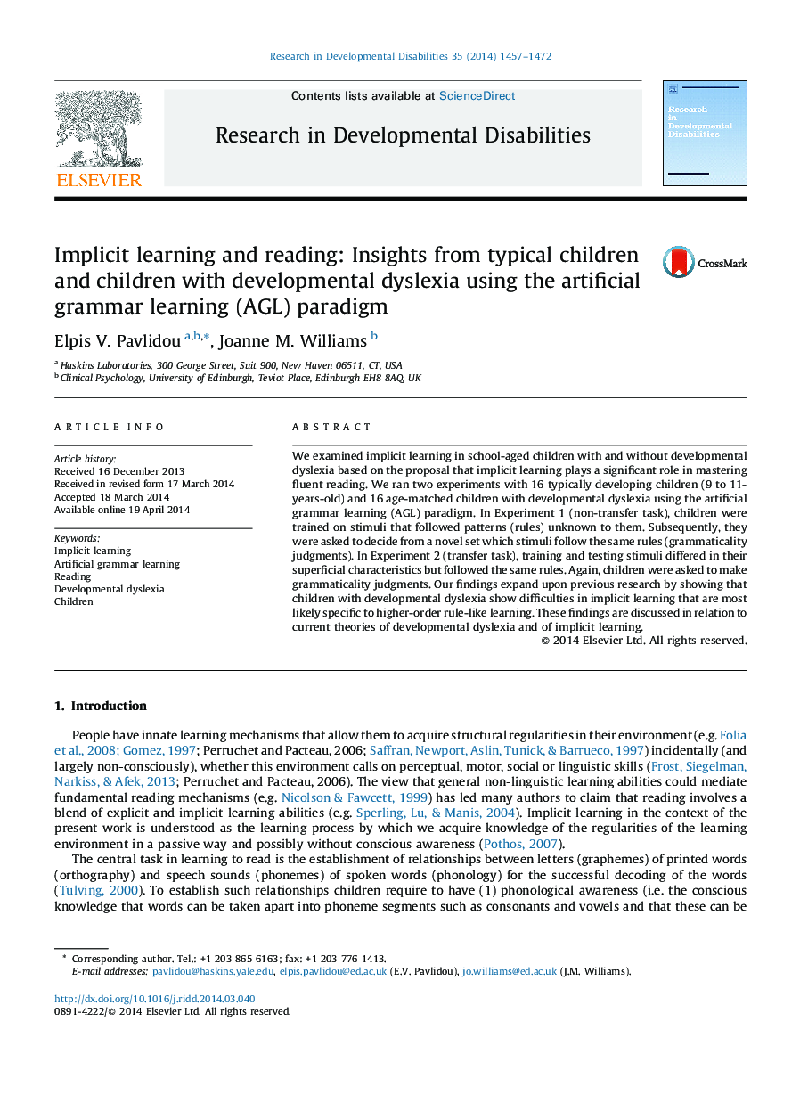 Implicit learning and reading: Insights from typical children and children with developmental dyslexia using the artificial grammar learning (AGL) paradigm