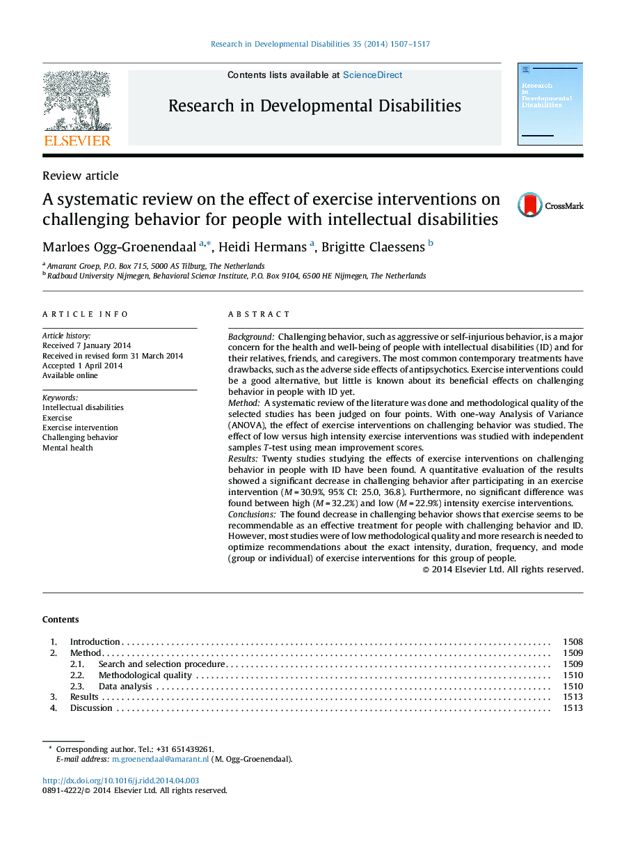 A systematic review on the effect of exercise interventions on challenging behavior for people with intellectual disabilities