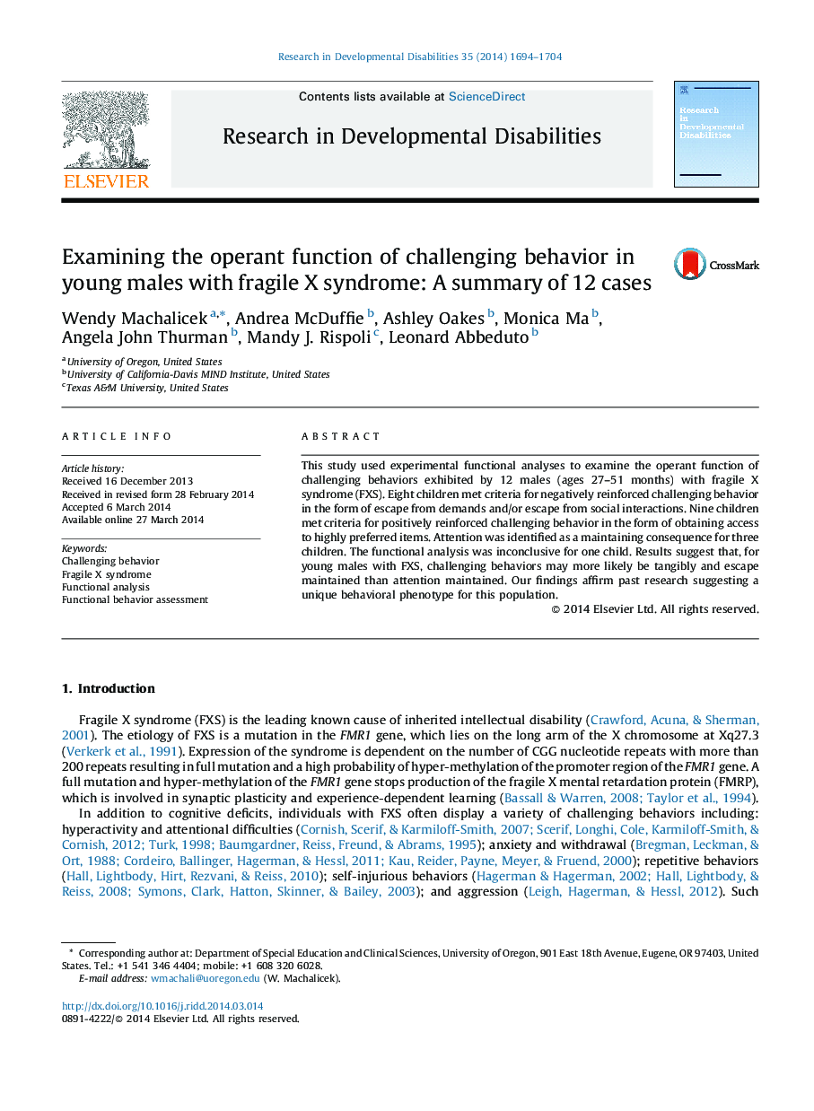 Examining the operant function of challenging behavior in young males with fragile X syndrome: A summary of 12 cases