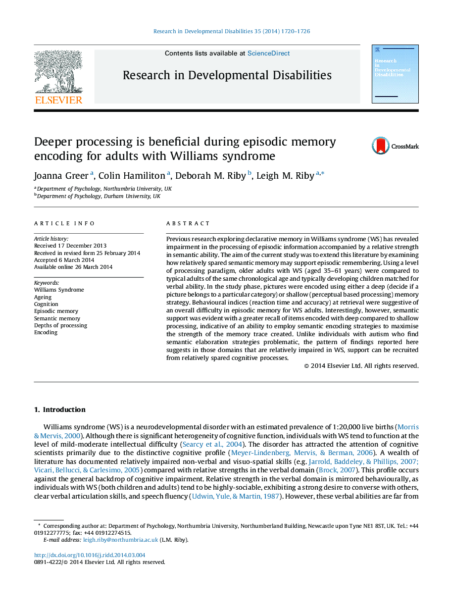 Deeper processing is beneficial during episodic memory encoding for adults with Williams syndrome