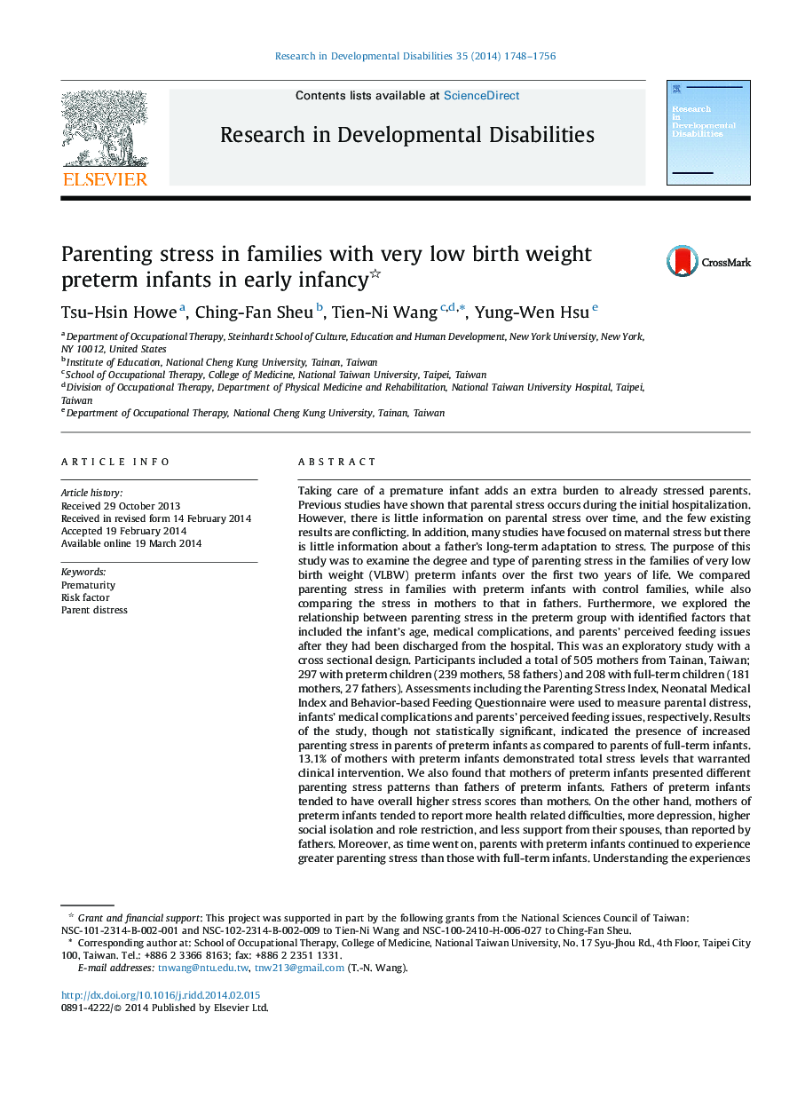 Parenting stress in families with very low birth weight preterm infants in early infancy