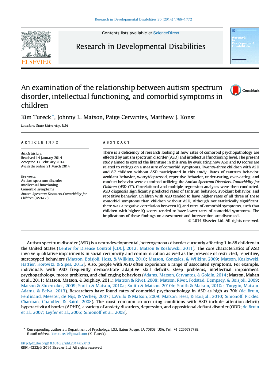 An examination of the relationship between autism spectrum disorder, intellectual functioning, and comorbid symptoms in children