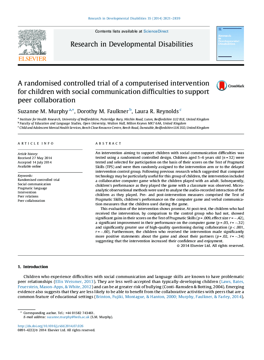 A randomised controlled trial of a computerised intervention for children with social communication difficulties to support peer collaboration