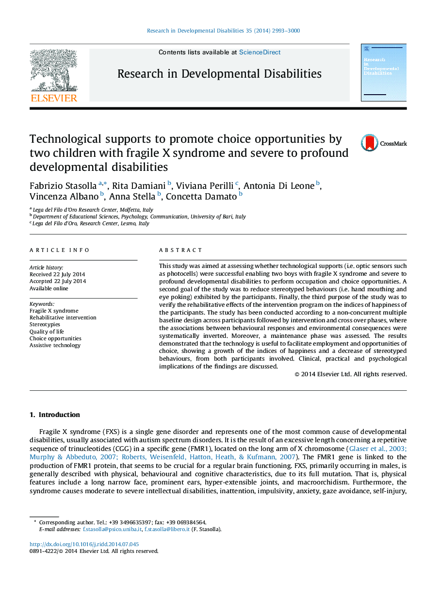 Technological supports to promote choice opportunities by two children with fragile X syndrome and severe to profound developmental disabilities