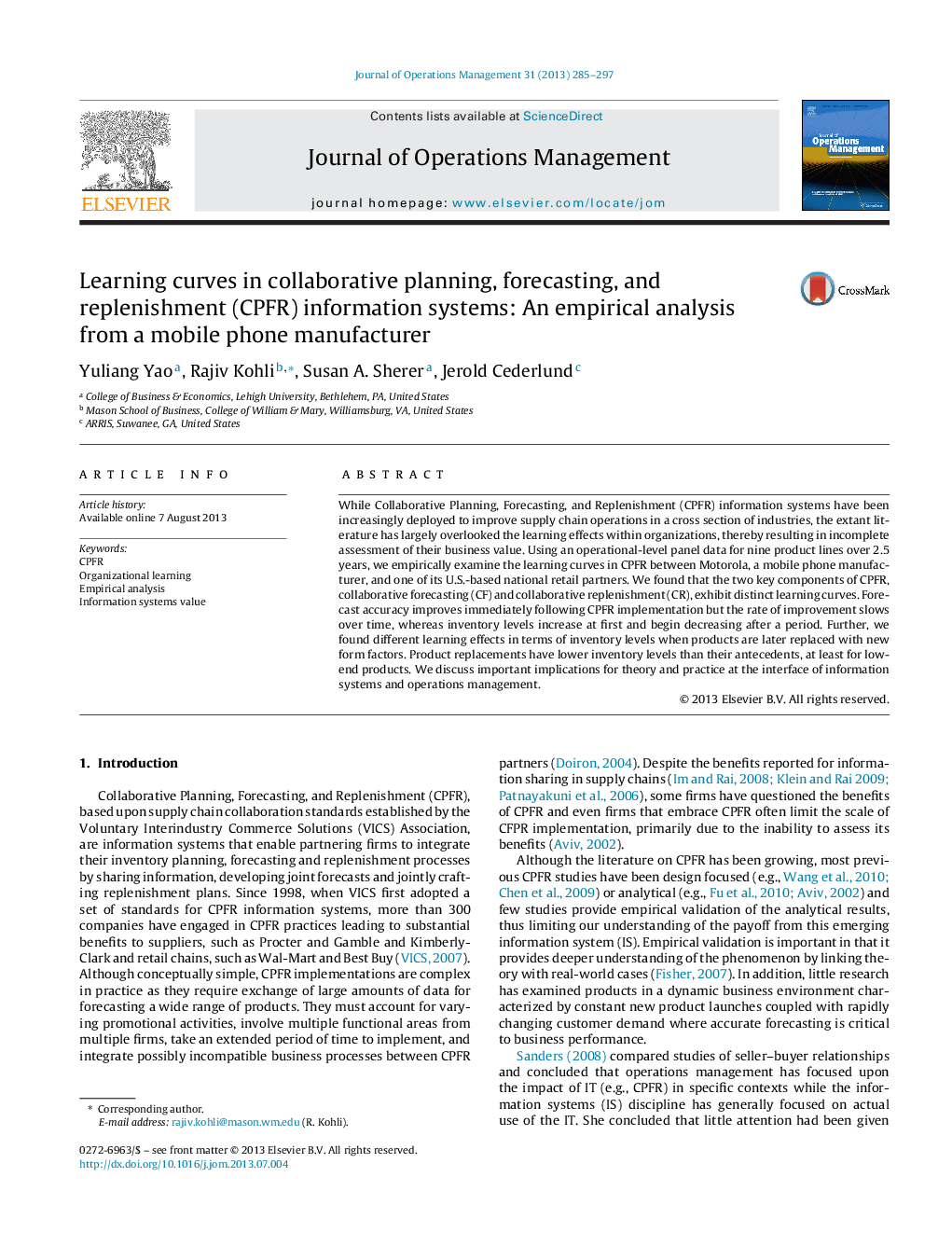 Learning curves in collaborative planning, forecasting, and replenishment (CPFR) information systems: An empirical analysis from a mobile phone manufacturer