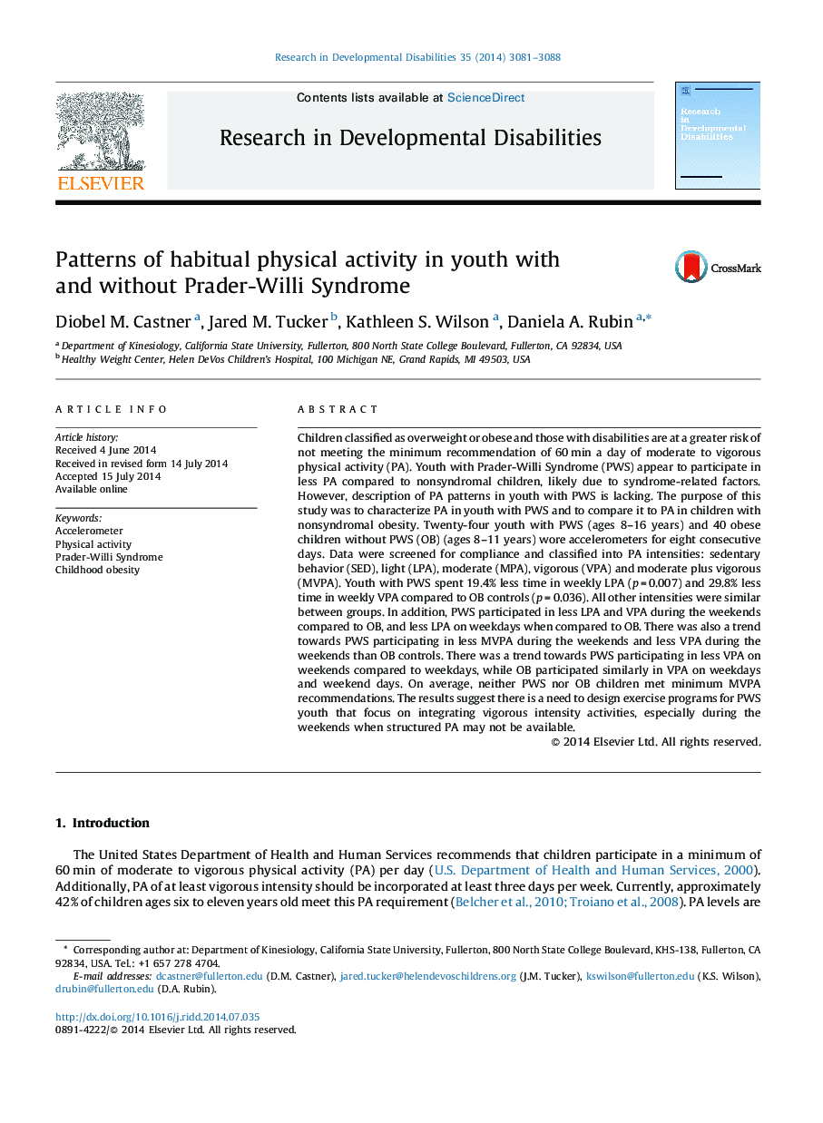 Patterns of habitual physical activity in youth with and without Prader-Willi Syndrome