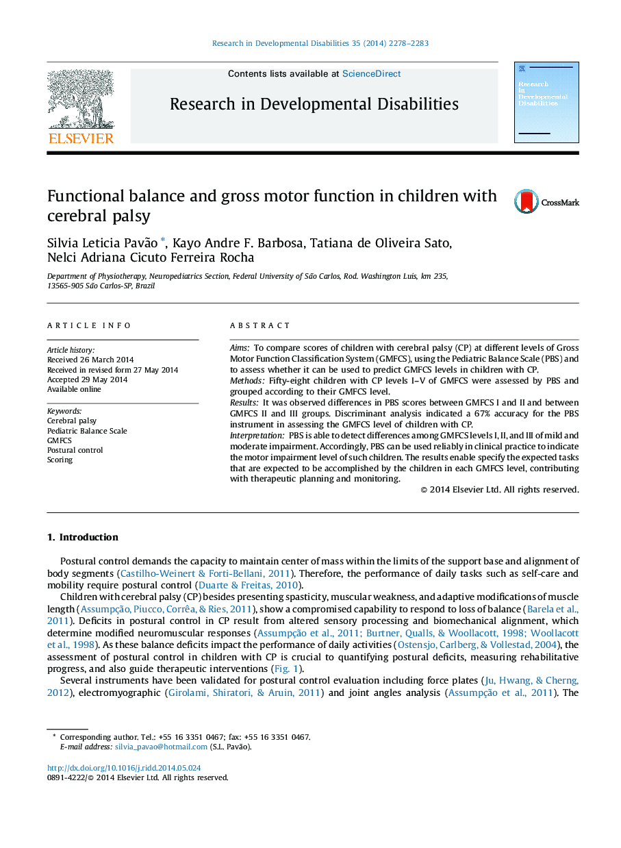 Functional balance and gross motor function in children with cerebral palsy