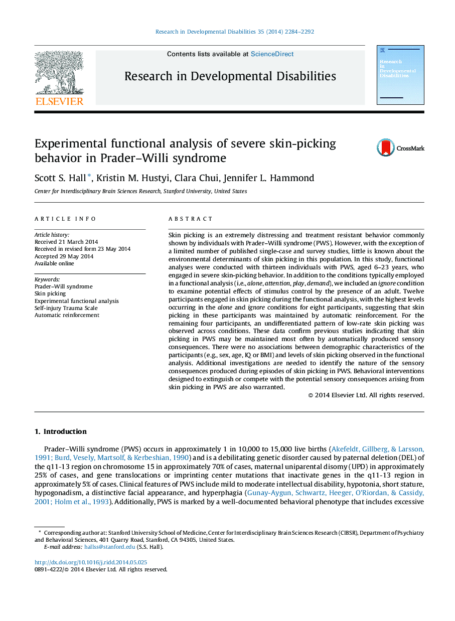 Experimental functional analysis of severe skin-picking behavior in Prader-Willi syndrome