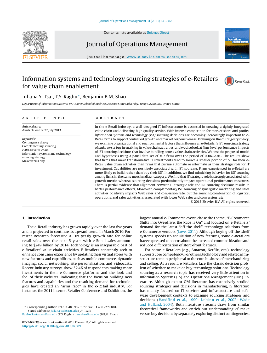 Information systems and technology sourcing strategies of e-Retailers for value chain enablement