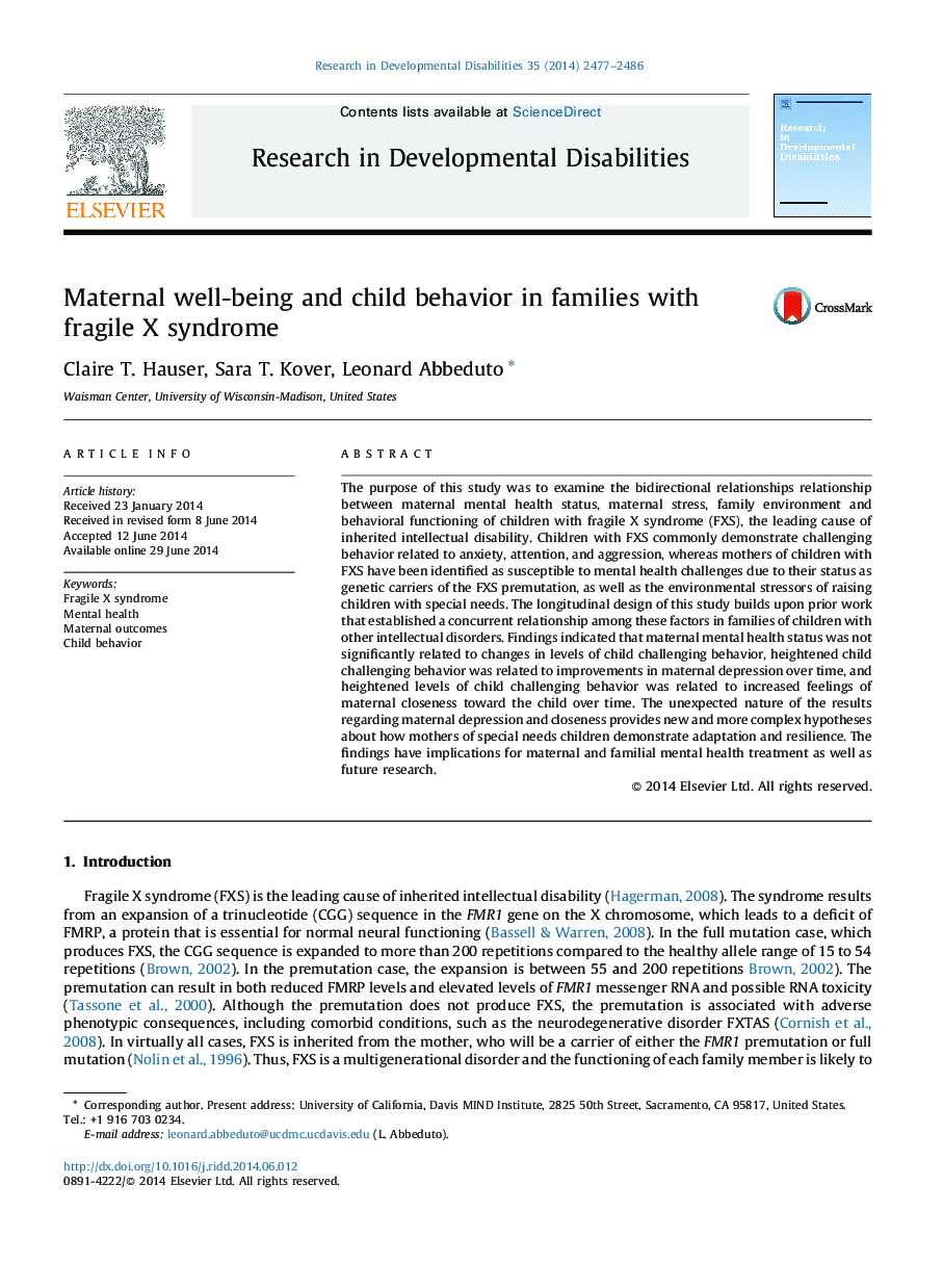 Maternal well-being and child behavior in families with fragile X syndrome