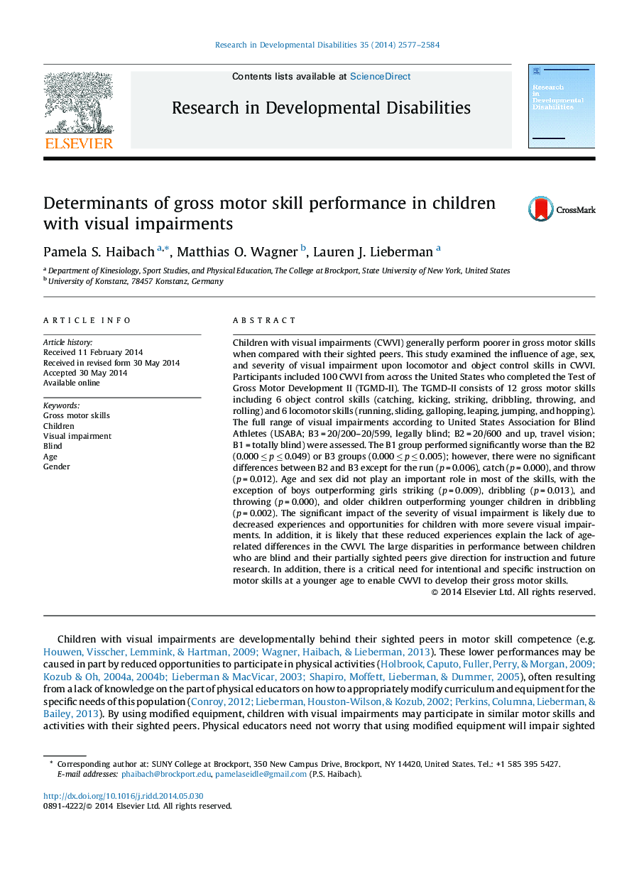Determinants of gross motor skill performance in children with visual impairments