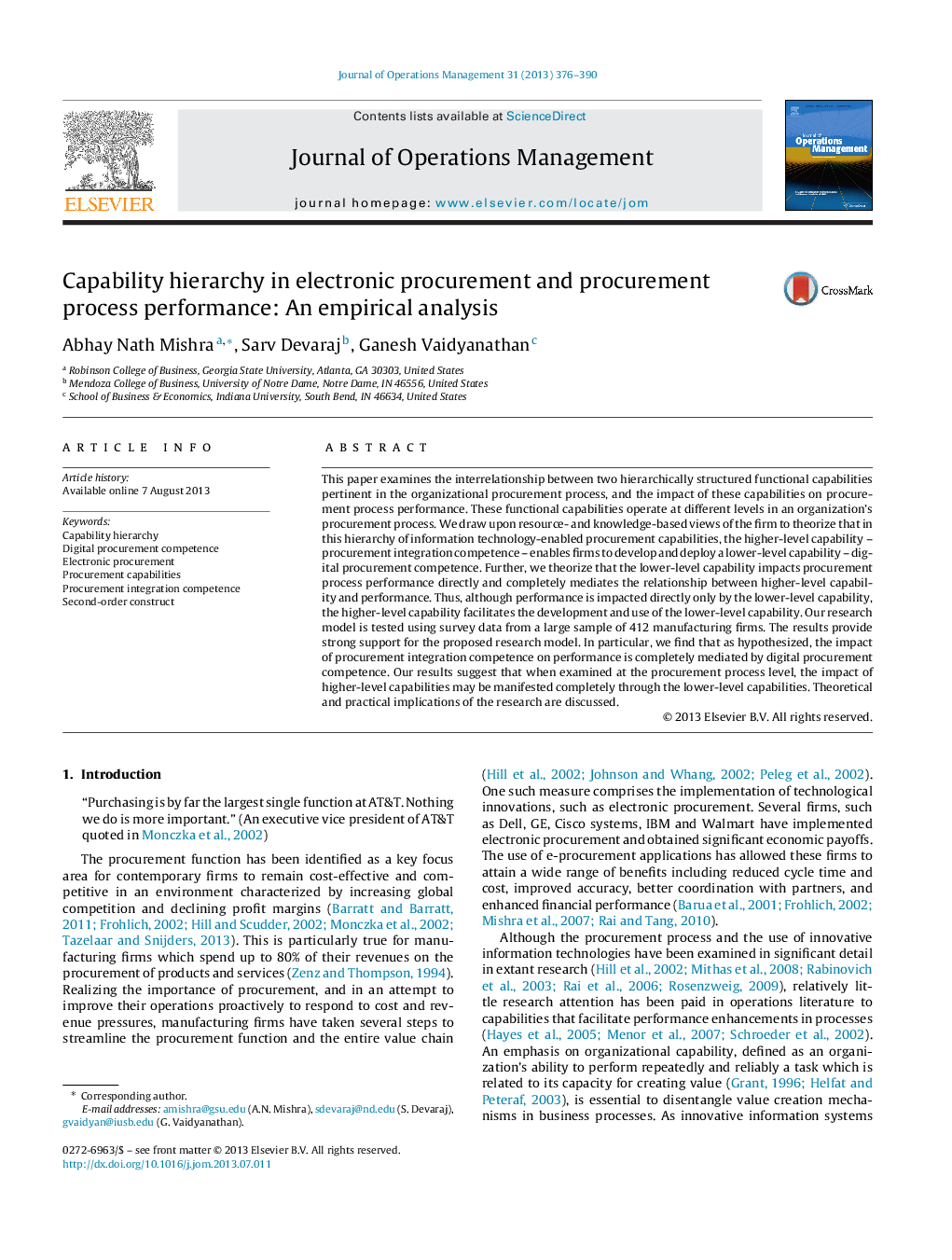 Capability hierarchy in electronic procurement and procurement process performance: An empirical analysis