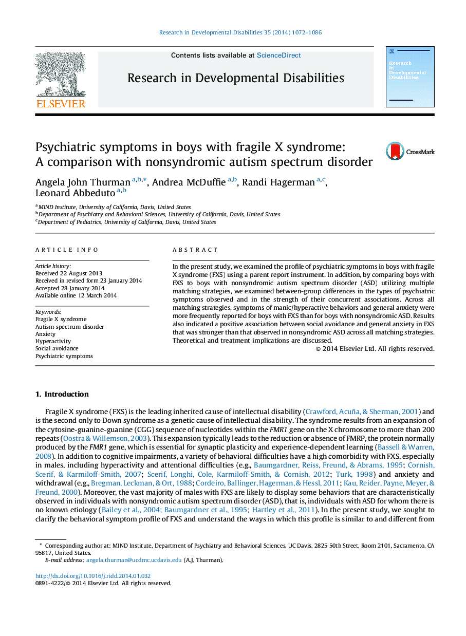 Psychiatric symptoms in boys with fragile X syndrome: A comparison with nonsyndromic autism spectrum disorder