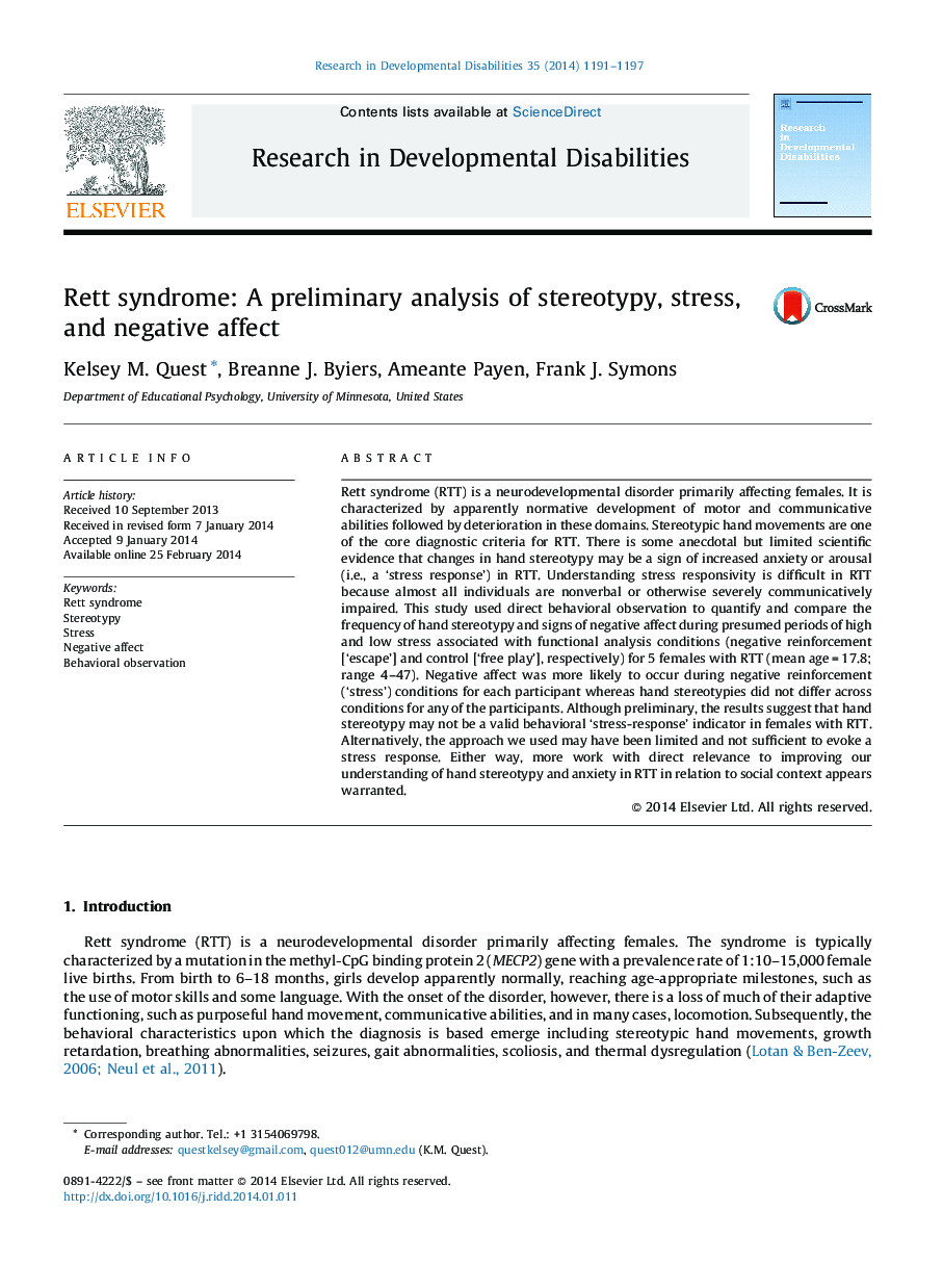 Rett syndrome: A preliminary analysis of stereotypy, stress, and negative affect