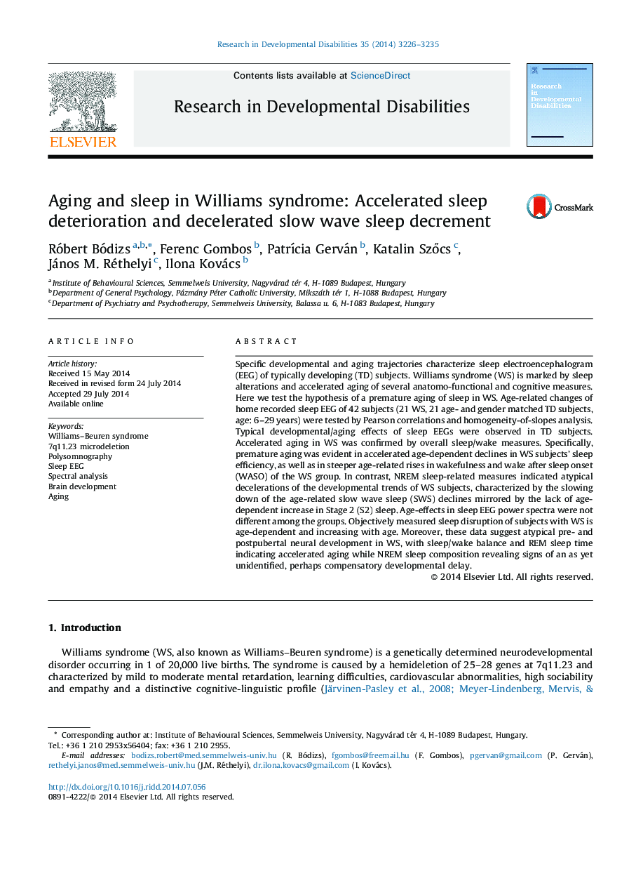 Aging and sleep in Williams syndrome: Accelerated sleep deterioration and decelerated slow wave sleep decrement