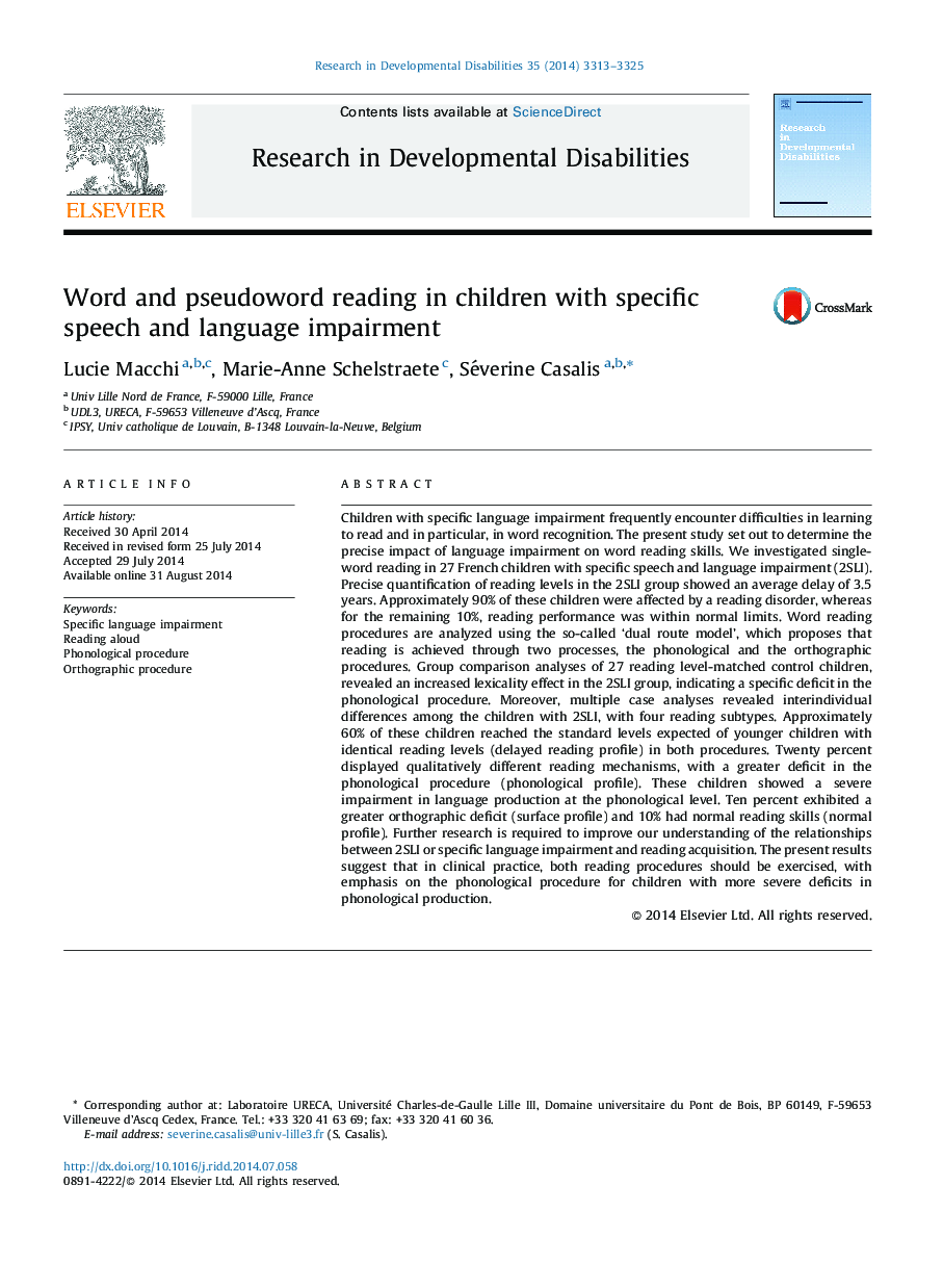 Word and pseudoword reading in children with specific speech and language impairment