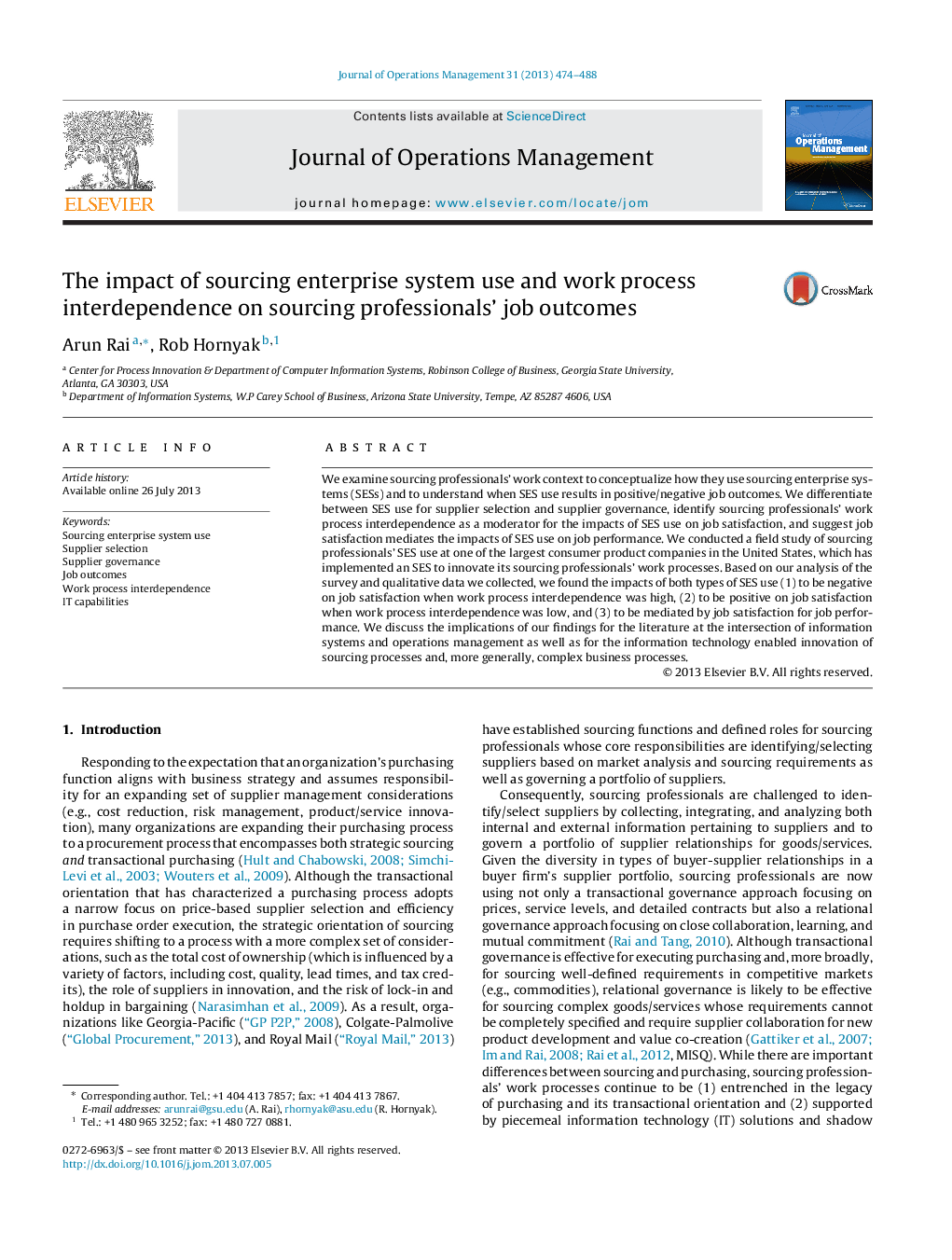 The impact of sourcing enterprise system use and work process interdependence on sourcing professionals’ job outcomes