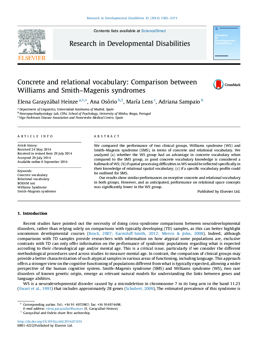 Concrete and relational vocabulary: Comparison between Williams and Smith-Magenis syndromes