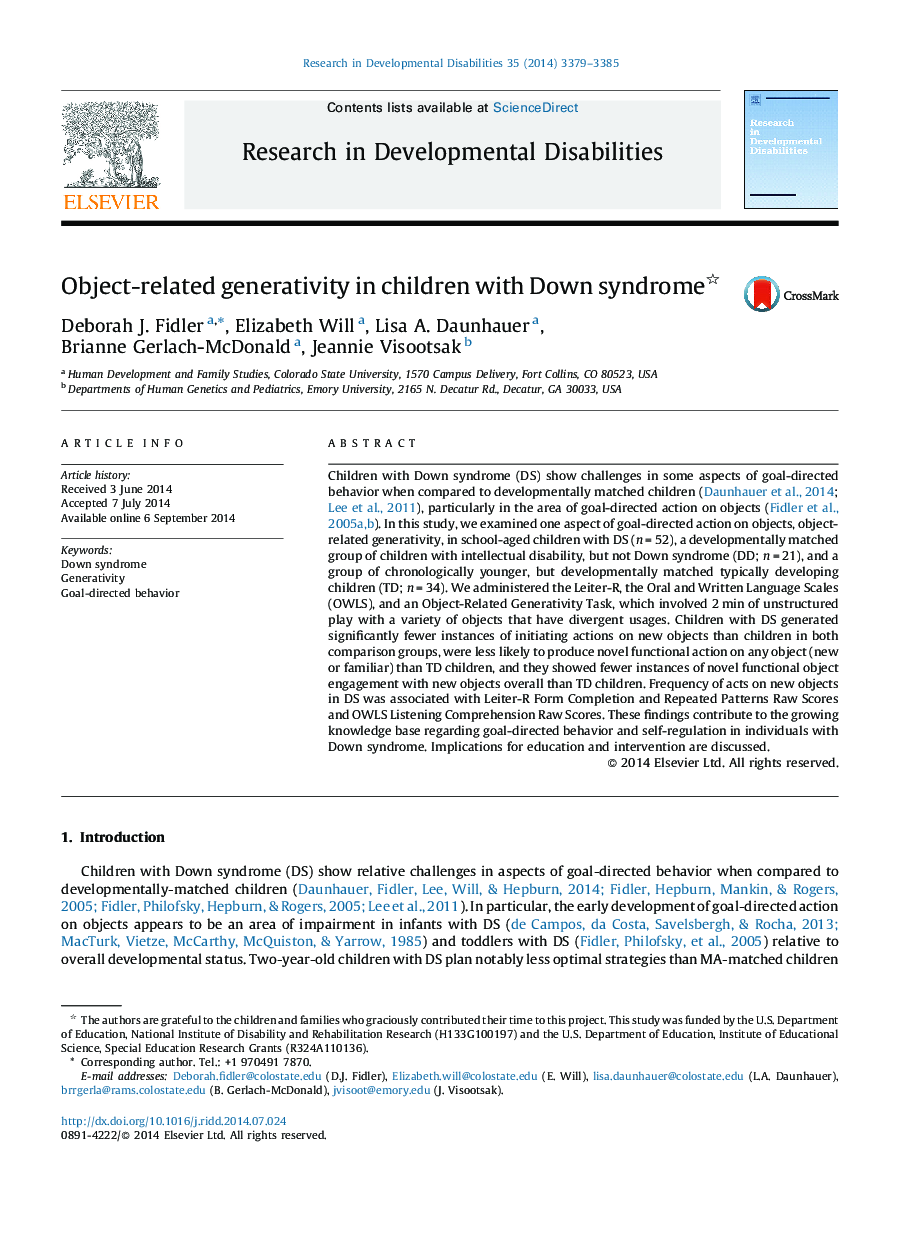 Object-related generativity in children with Down syndrome