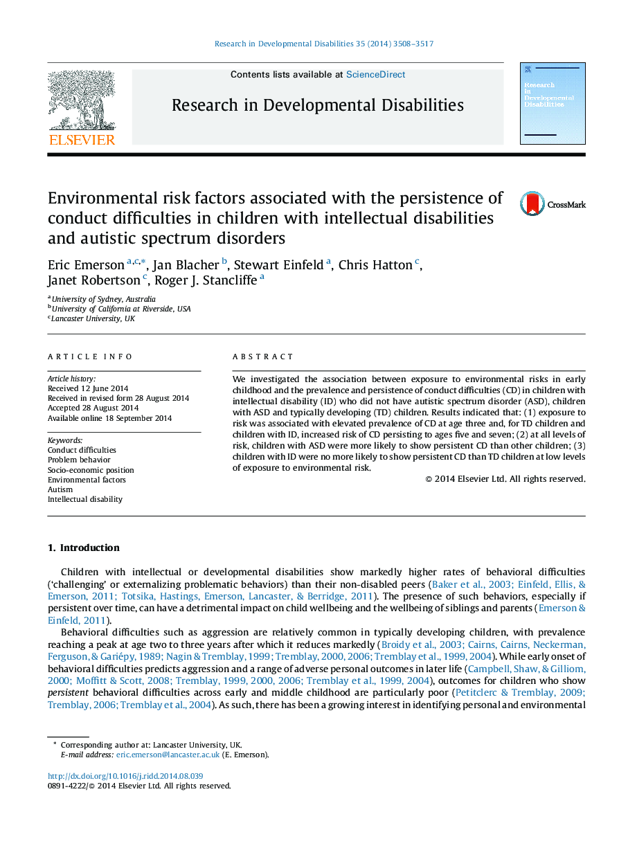 Environmental risk factors associated with the persistence of conduct difficulties in children with intellectual disabilities and autistic spectrum disorders