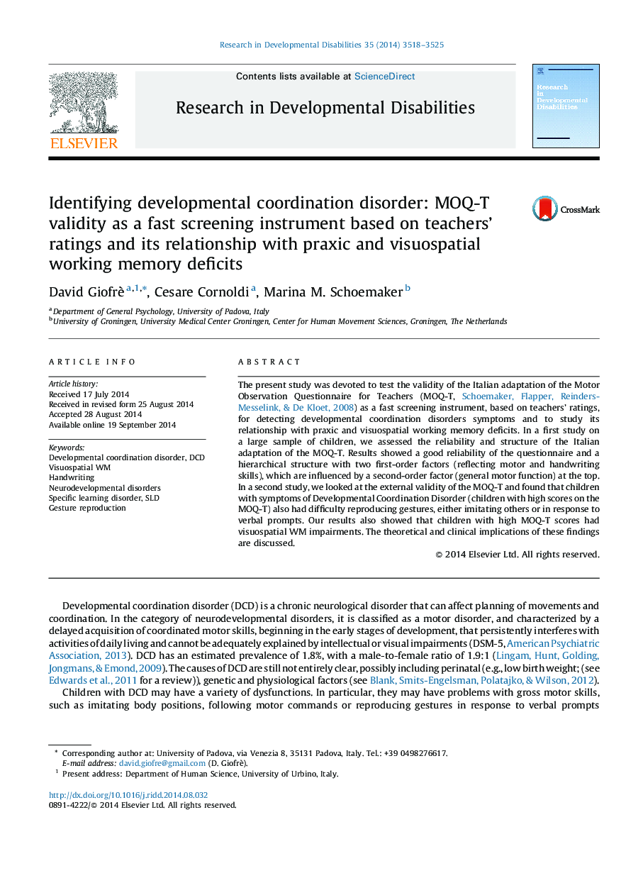 Identifying developmental coordination disorder: MOQ-T validity as a fast screening instrument based on teachers' ratings and its relationship with praxic and visuospatial working memory deficits