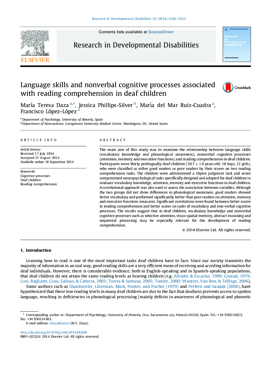 Language skills and nonverbal cognitive processes associated with reading comprehension in deaf children