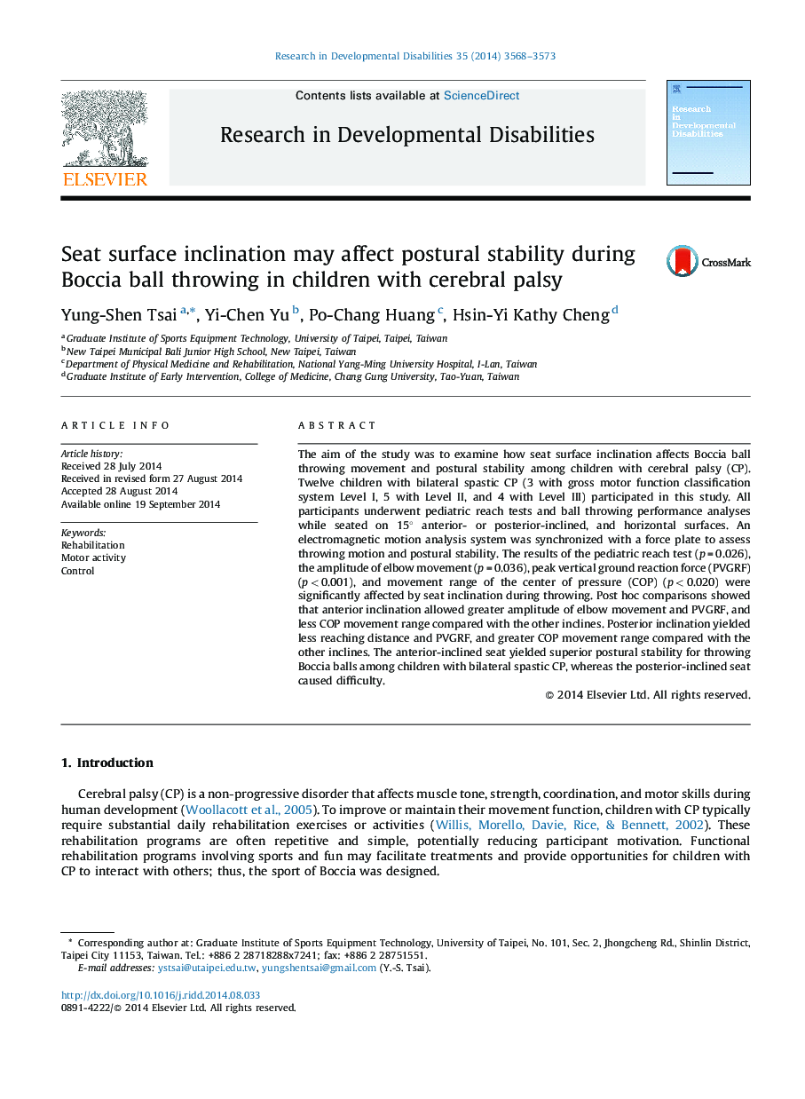 Seat surface inclination may affect postural stability during Boccia ball throwing in children with cerebral palsy
