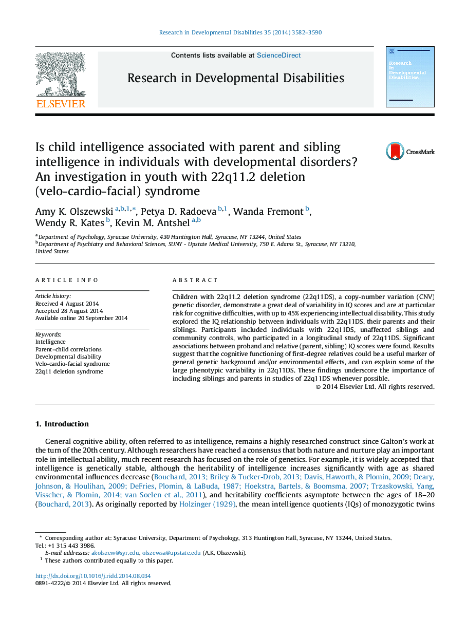 Is child intelligence associated with parent and sibling intelligence in individuals with developmental disorders? An investigation in youth with 22q11.2 deletion (velo-cardio-facial) syndrome