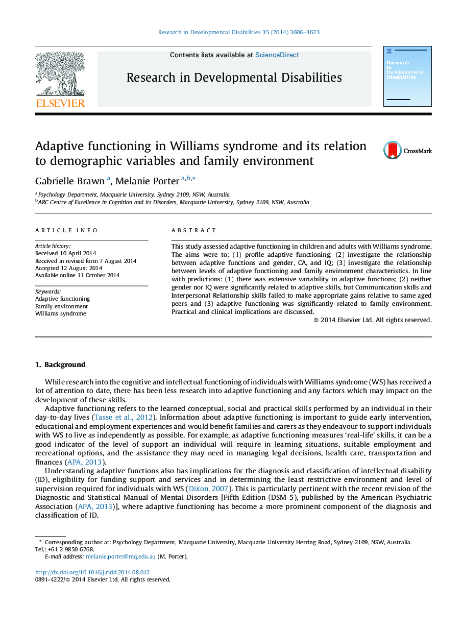 Adaptive functioning in Williams syndrome and its relation to demographic variables and family environment