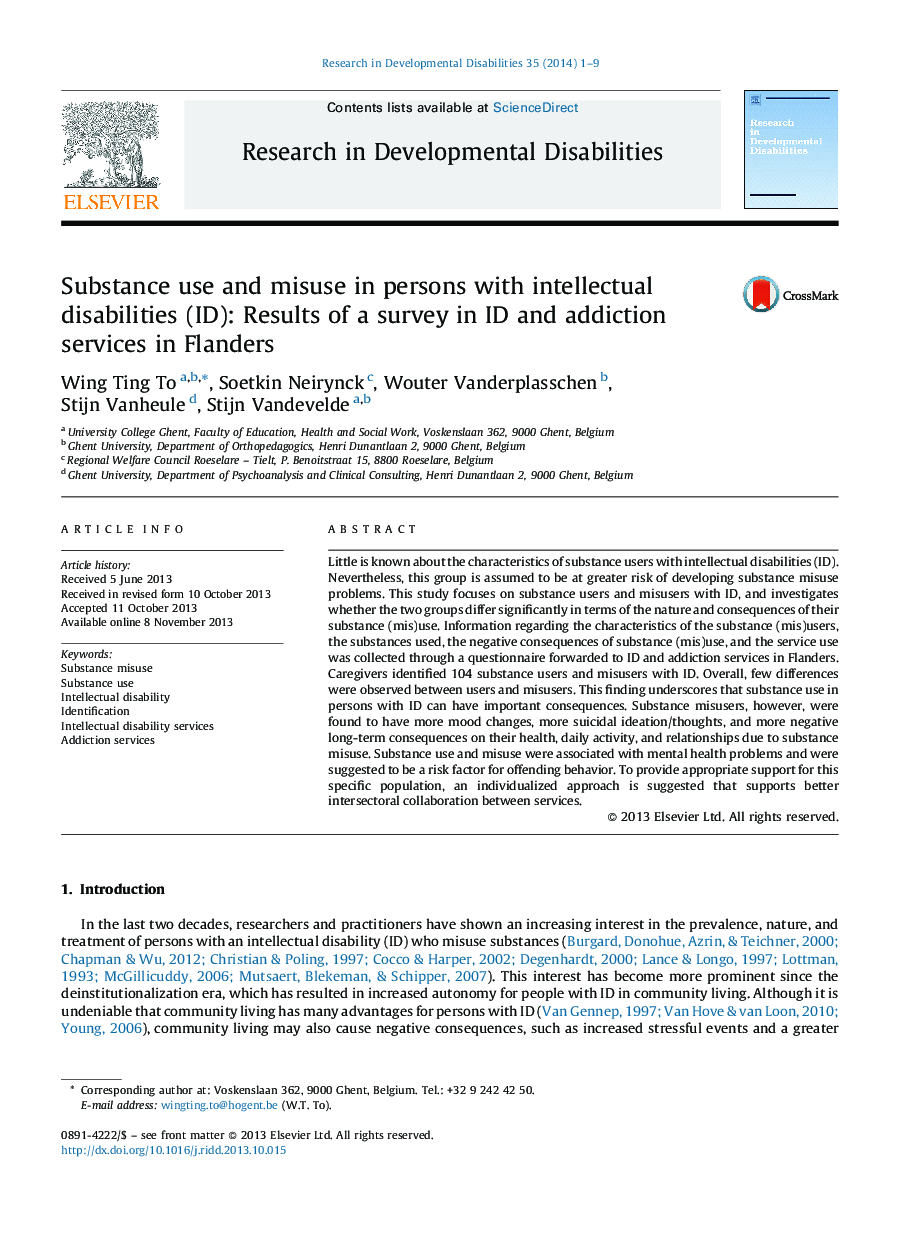 Substance use and misuse in persons with intellectual disabilities (ID): Results of a survey in ID and addiction services in Flanders