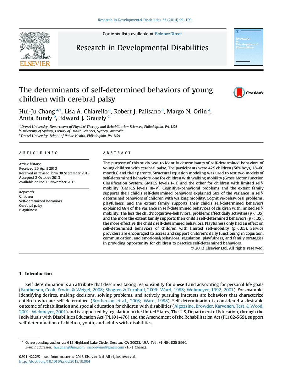 The determinants of self-determined behaviors of young children with cerebral palsy