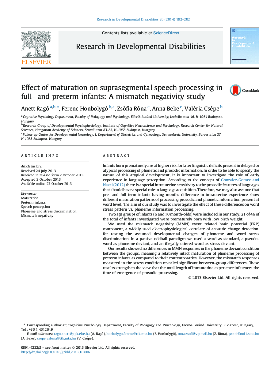 Effect of maturation on suprasegmental speech processing in full- and preterm infants: A mismatch negativity study