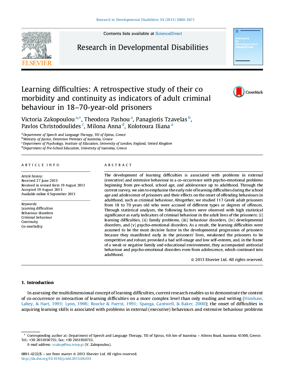 Learning difficulties: A retrospective study of their co morbidity and continuity as indicators of adult criminal behaviour in 18-70-year-old prisoners