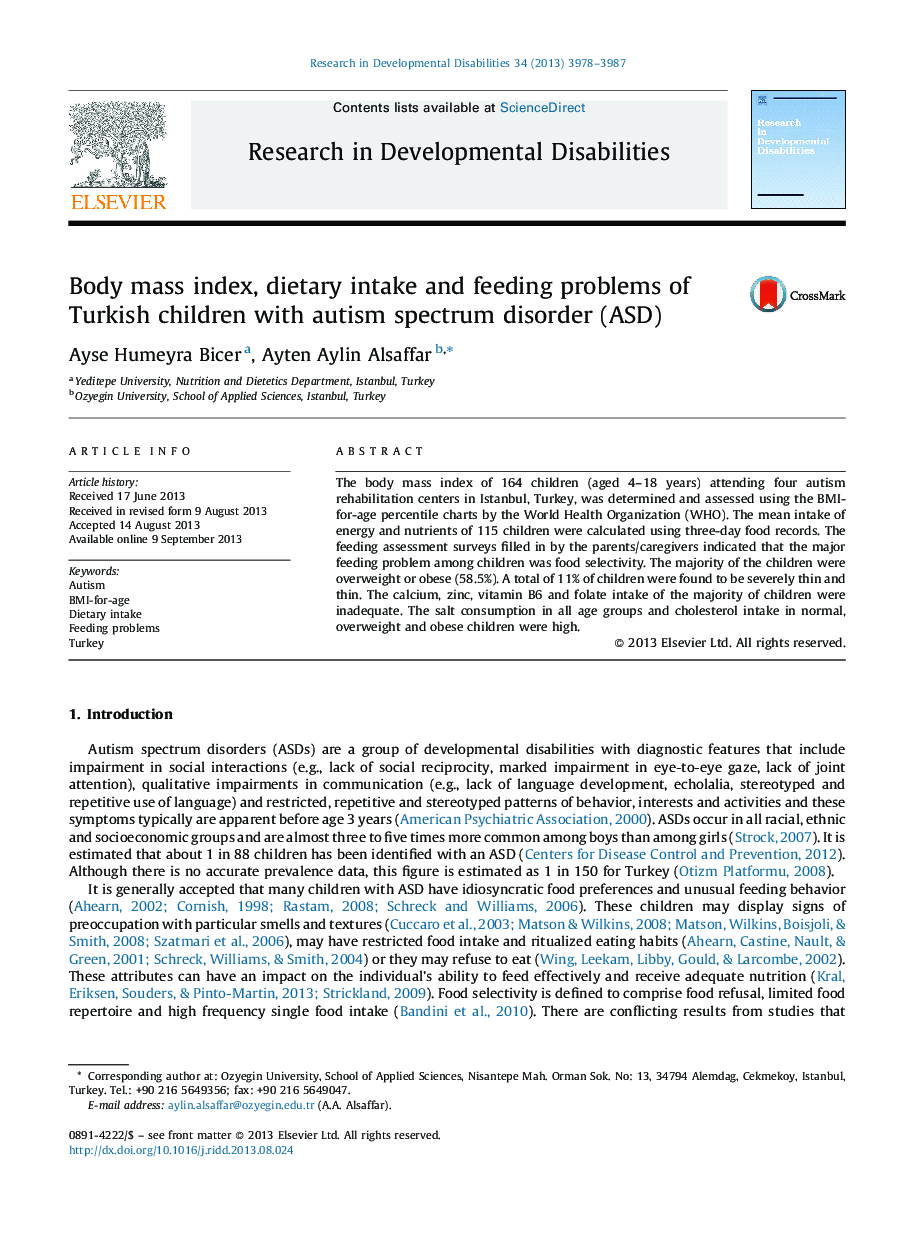 Body mass index, dietary intake and feeding problems of Turkish children with autism spectrum disorder (ASD)