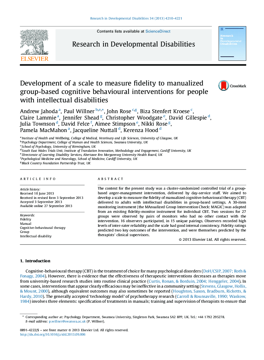 Development of a scale to measure fidelity to manualized group-based cognitive behavioural interventions for people with intellectual disabilities