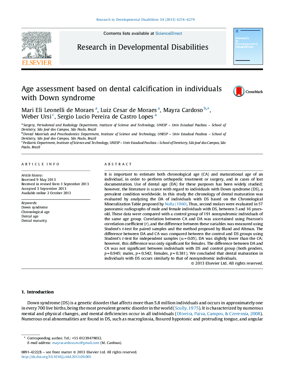 Age assessment based on dental calcification in individuals with Down syndrome