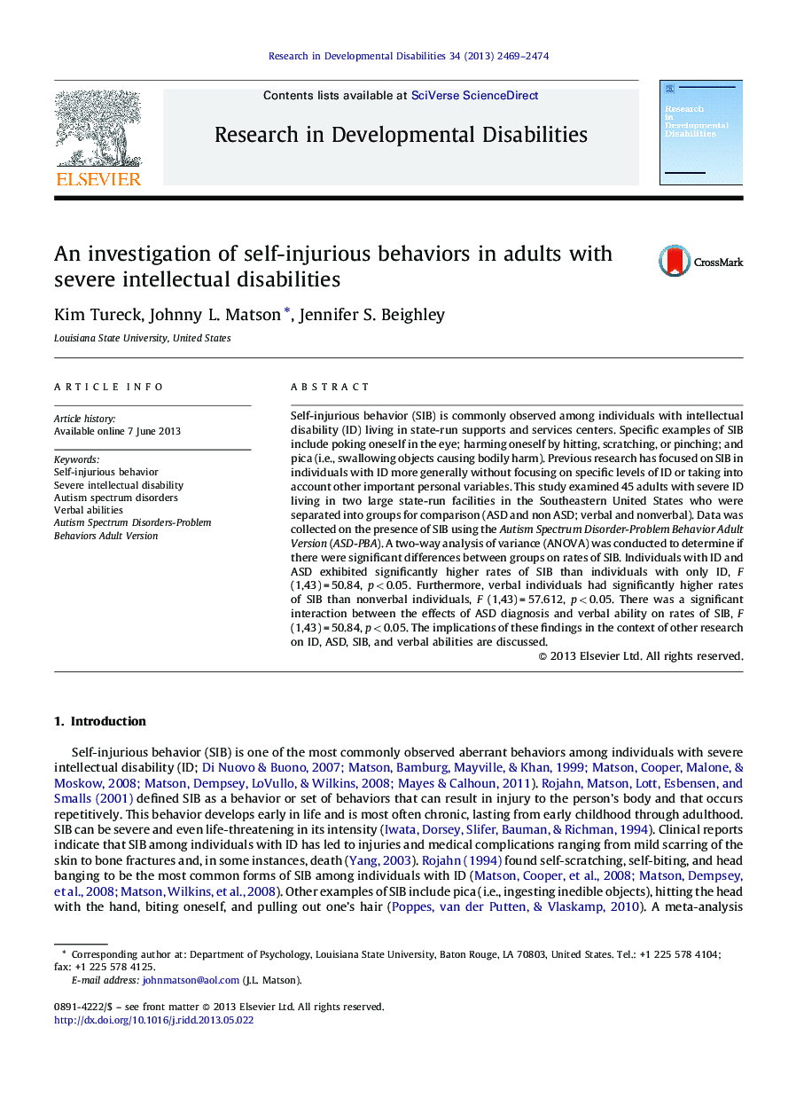 An investigation of self-injurious behaviors in adults with severe intellectual disabilities