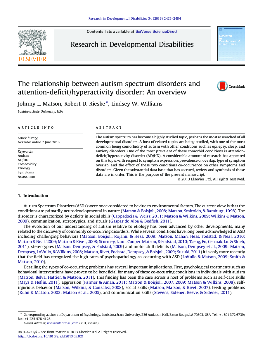 The relationship between autism spectrum disorders and attention-deficit/hyperactivity disorder: An overview