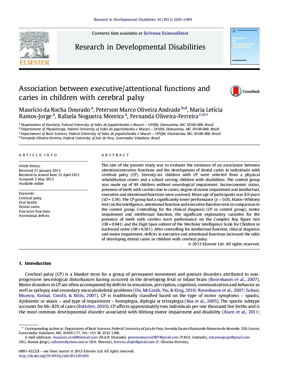 Association between executive/attentional functions and caries in children with cerebral palsy