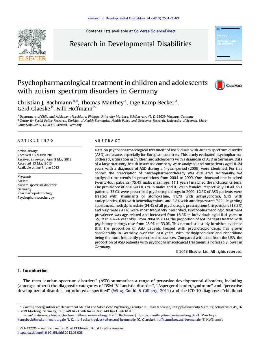 Psychopharmacological treatment in children and adolescents with autism spectrum disorders in Germany