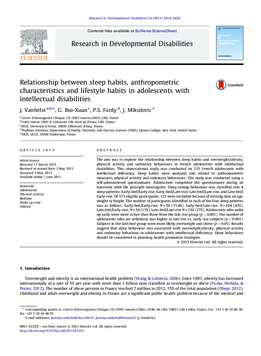 Relationship between sleep habits, anthropometric characteristics and lifestyle habits in adolescents with intellectual disabilities