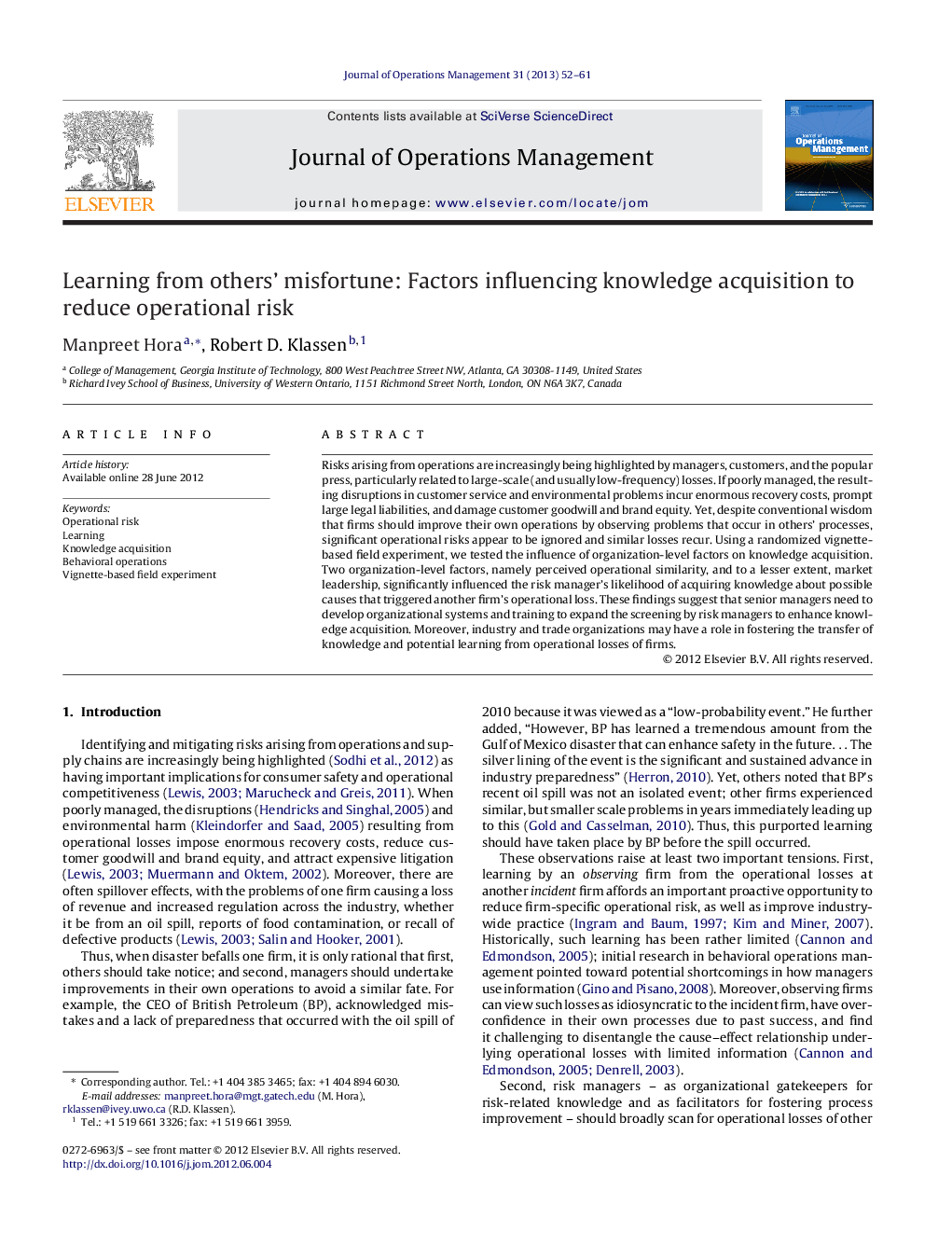 Learning from others’ misfortune: Factors influencing knowledge acquisition to reduce operational risk