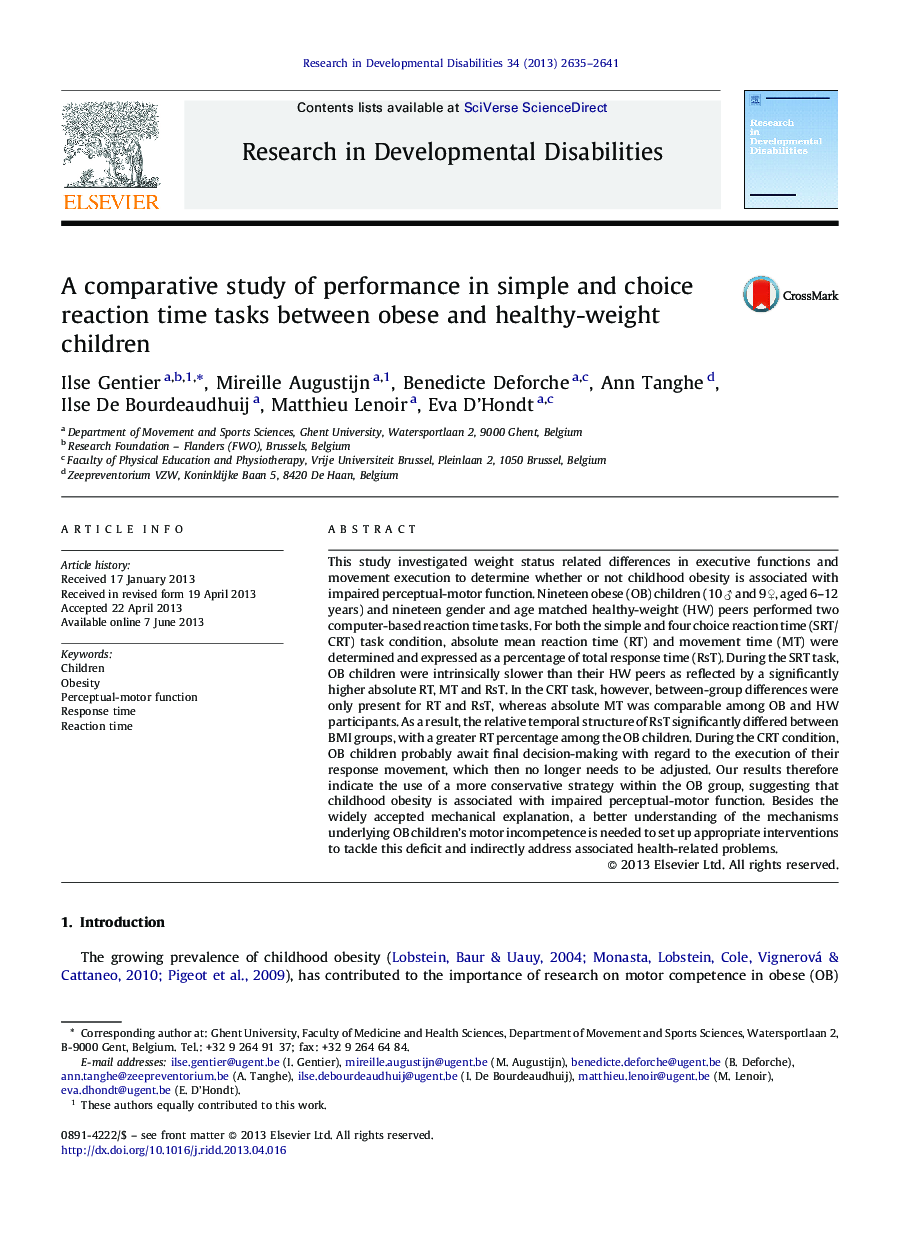 A comparative study of performance in simple and choice reaction time tasks between obese and healthy-weight children