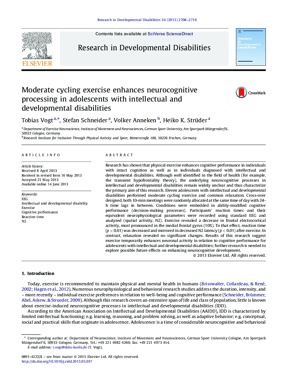 Moderate cycling exercise enhances neurocognitive processing in adolescents with intellectual and developmental disabilities