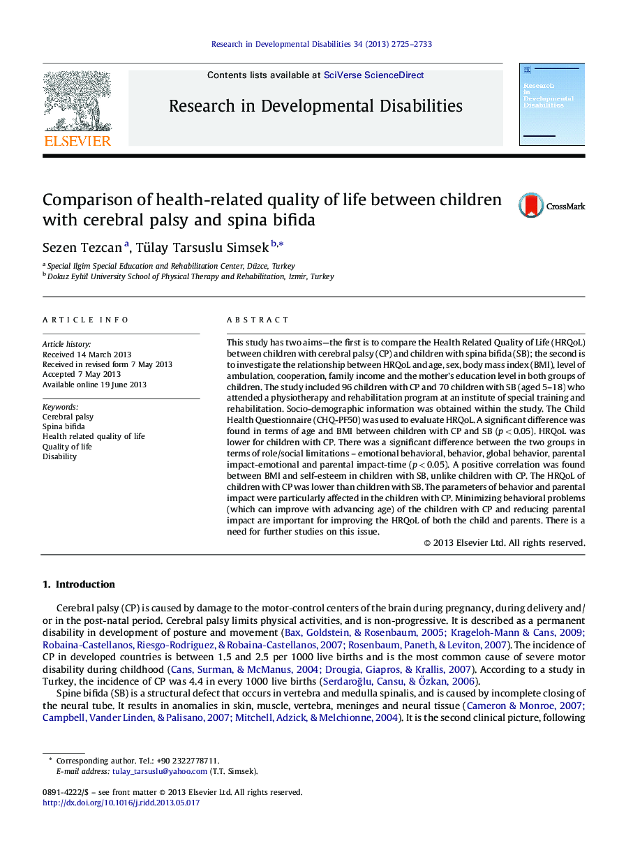 Comparison of health-related quality of life between children with cerebral palsy and spina bifida